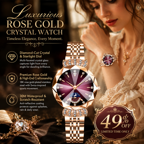 👑 Luxurious Rose Gold Crystal Quartz Watch – Diamond Cut Vintage Wristwatch ✨