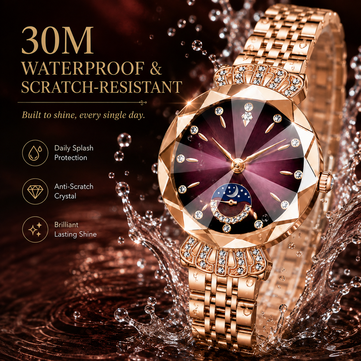 👑 Luxurious Rose Gold Crystal Quartz Watch – Diamond Cut Vintage Wristwatch ✨