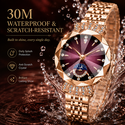 👑 Luxurious Rose Gold Crystal Quartz Watch – Diamond Cut Vintage Wristwatch ✨