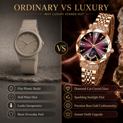 👑 Luxurious Rose Gold Crystal Quartz Watch – Diamond Cut Vintage Wristwatch ✨