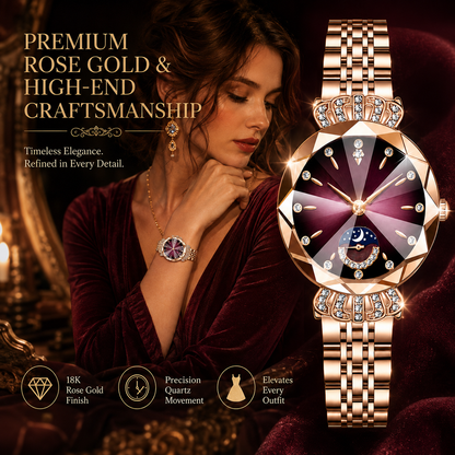 👑 Luxurious Rose Gold Crystal Quartz Watch – Diamond Cut Vintage Wristwatch ✨