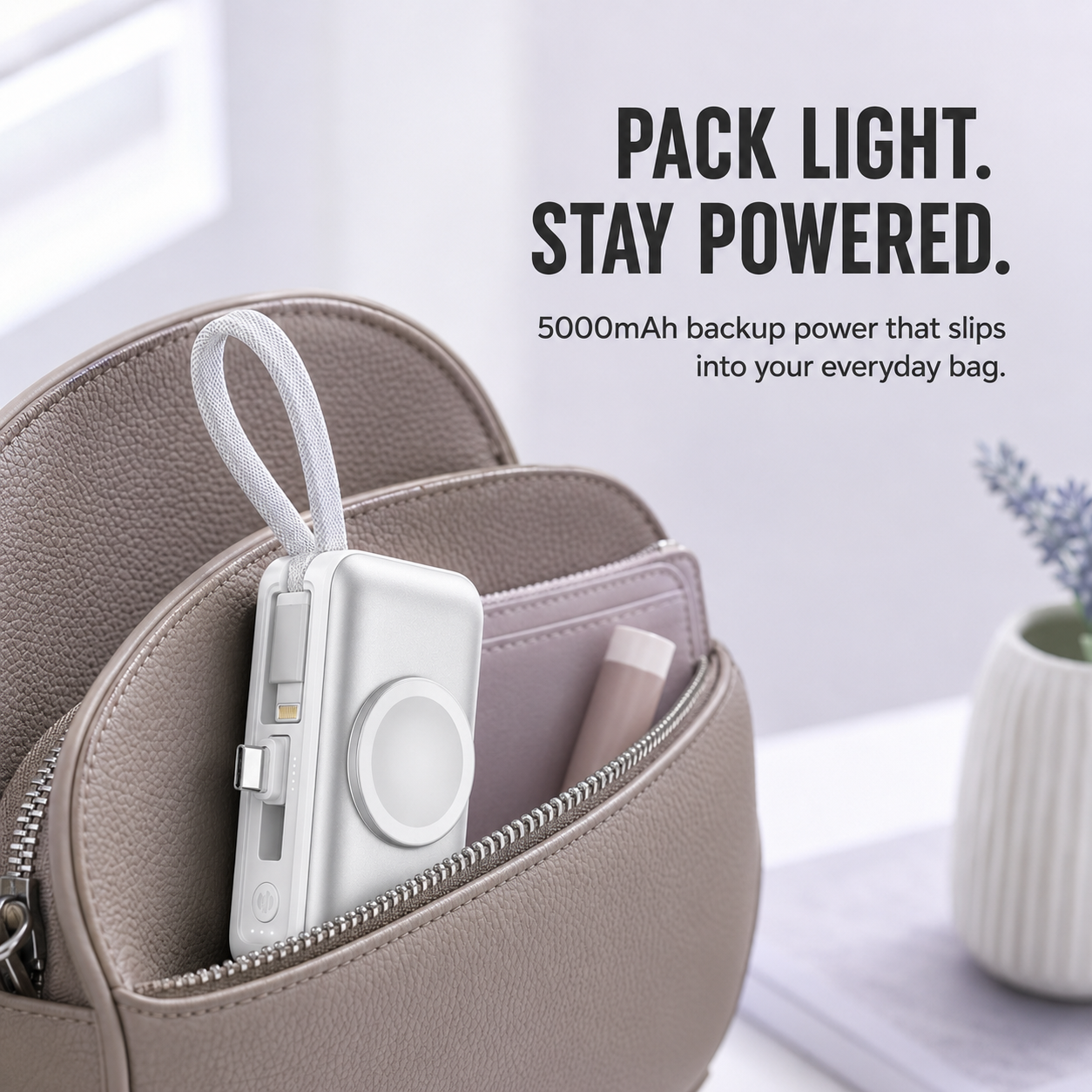 5000mAh 3-in-1 Mini Power Bank | Built-In Dual Connectors + Watch Charger + Phone Stand