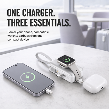 5000mAh 3-in-1 Mini Power Bank | Built-In Dual Connectors + Watch Charger + Phone Stand