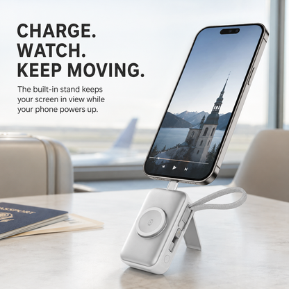 5000mAh 3-in-1 Mini Power Bank | Built-In Dual Connectors + Watch Charger + Phone Stand
