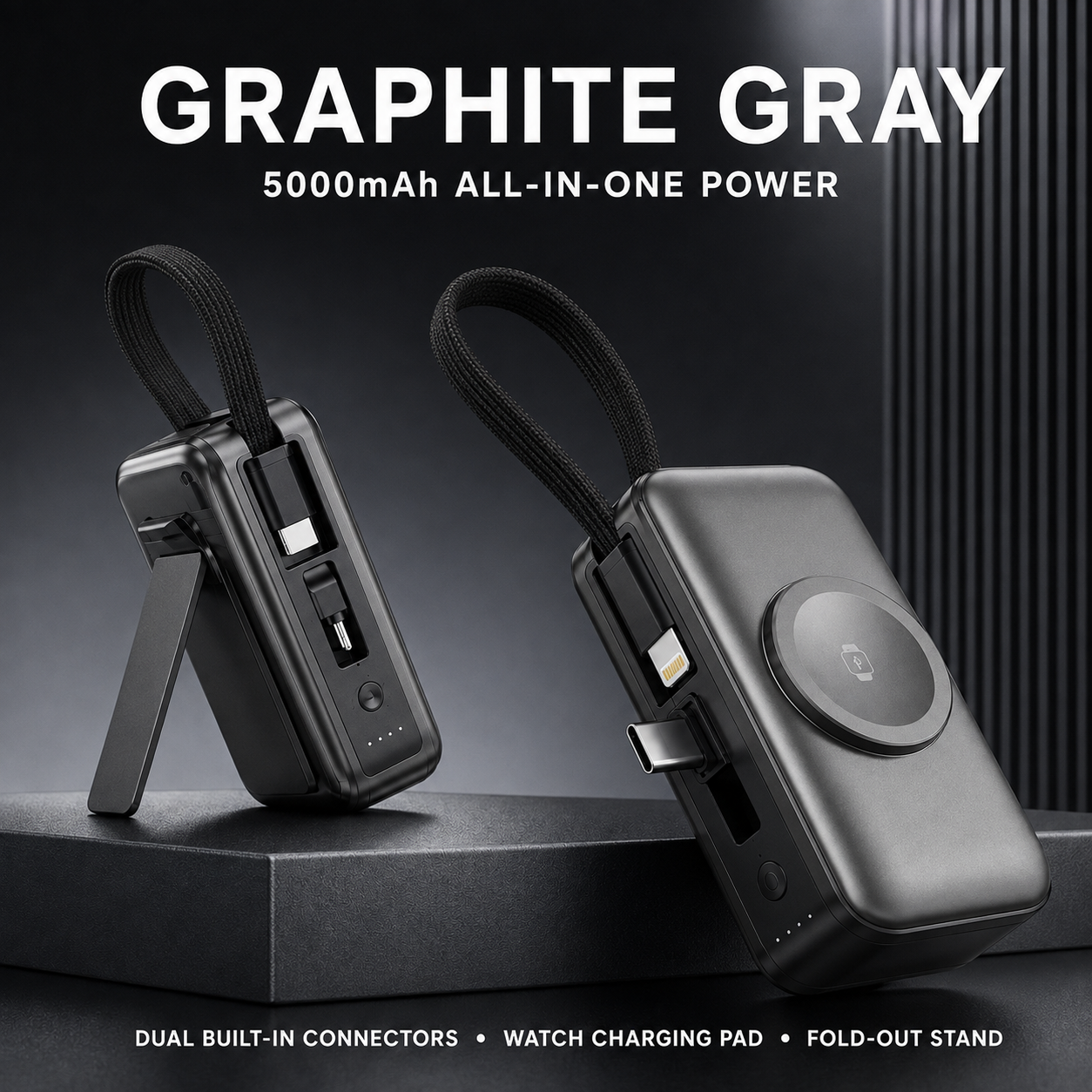 5000mAh 3-in-1 Mini Power Bank | Built-In Dual Connectors + Watch Charger + Phone Stand