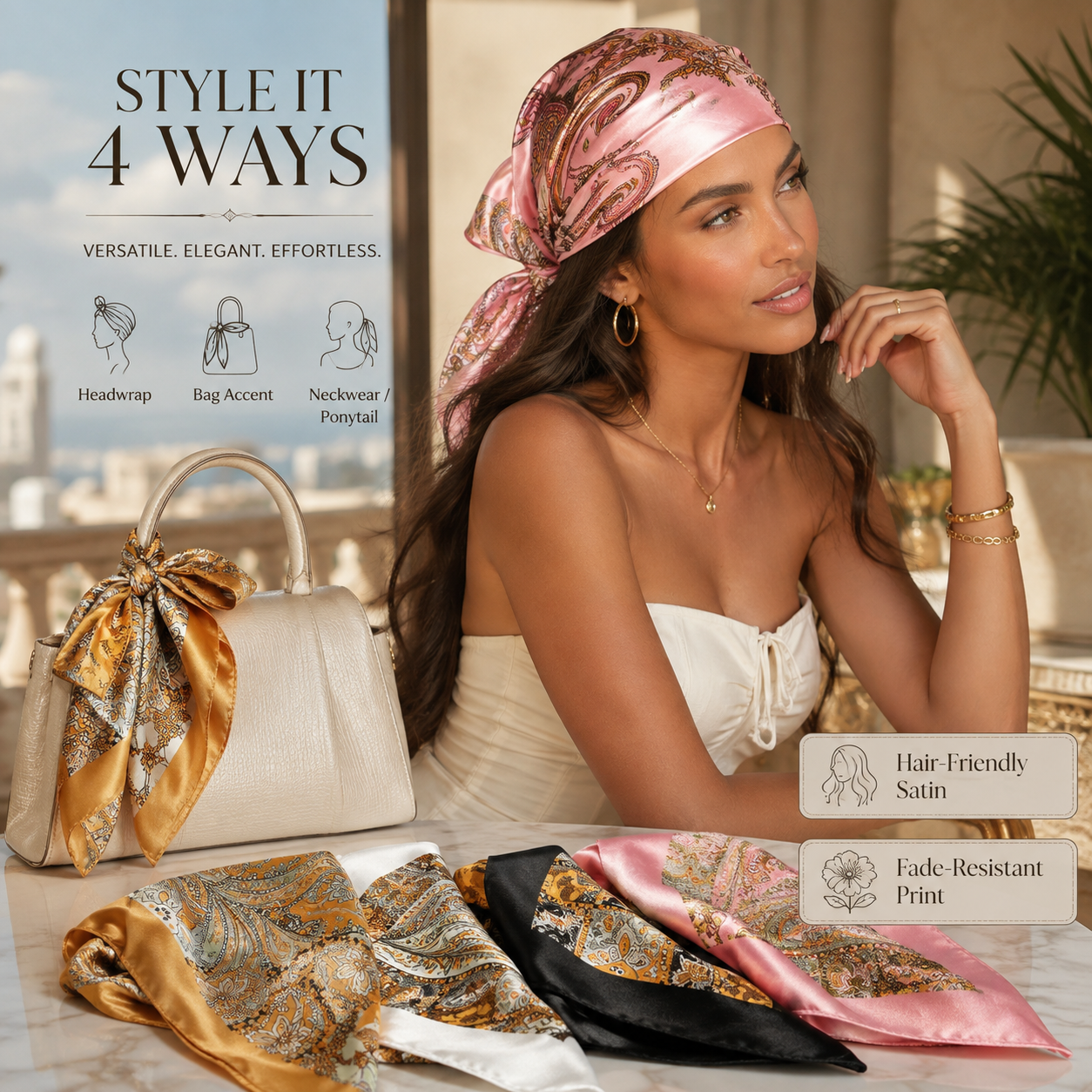 ✨ 4-Piece Premium Satin Square Head Scarf Set (35' x 35') 🧣