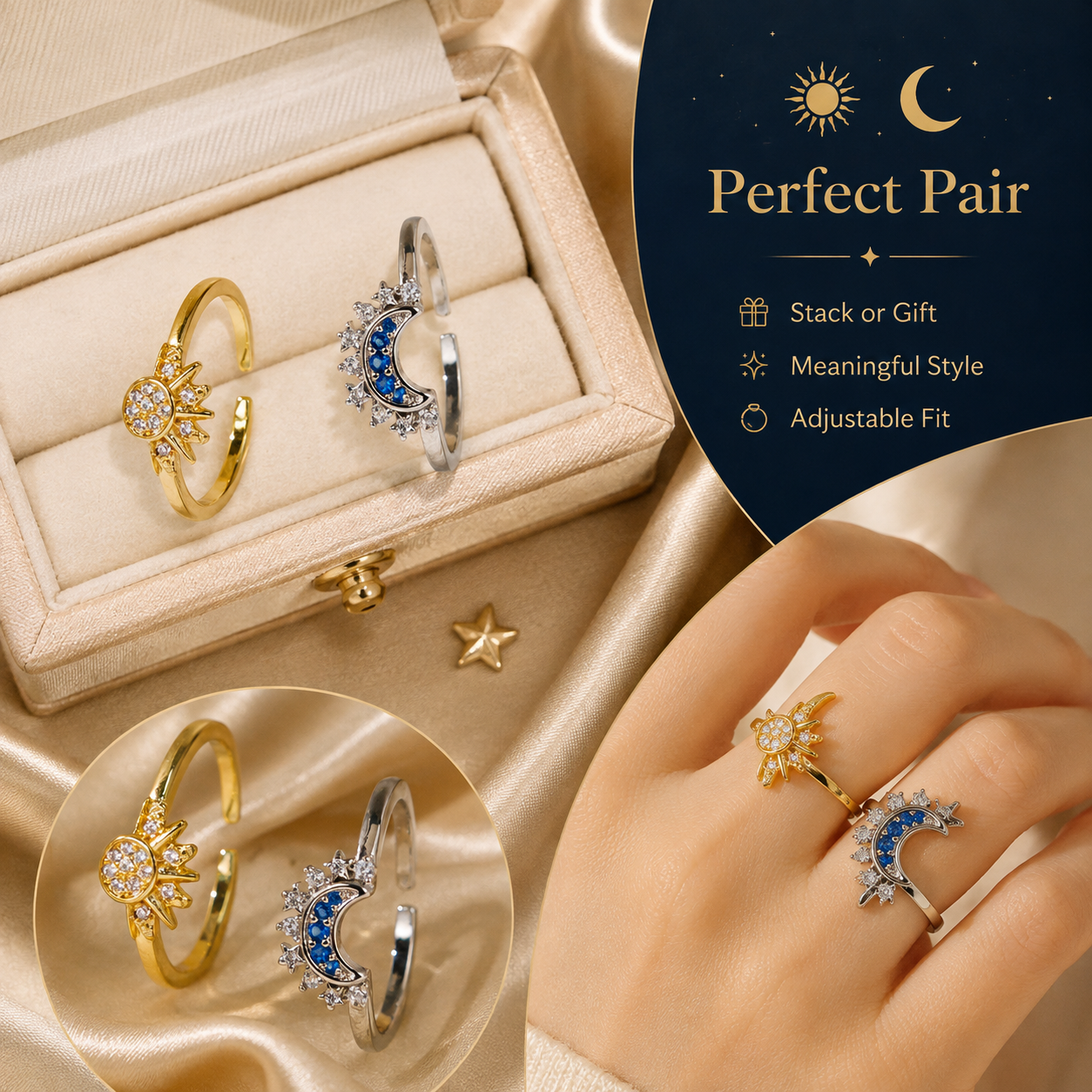 ✨ Celestial Sun & Moon Adjustable Ring Set – Sparkling Open-Fit Jewelry Gift