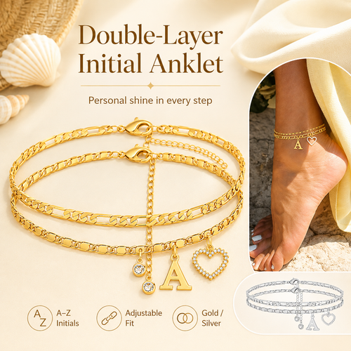 🎁 14k-Gold Plated-Double-Layer 26-Letter-Tone Chain Heart-Shaped Anklet with a heart-shaped pendant