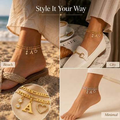 🎁 14k-Gold Plated-Double-Layer 26-Letter-Tone Chain Heart-Shaped Anklet with a heart-shaped pendant
