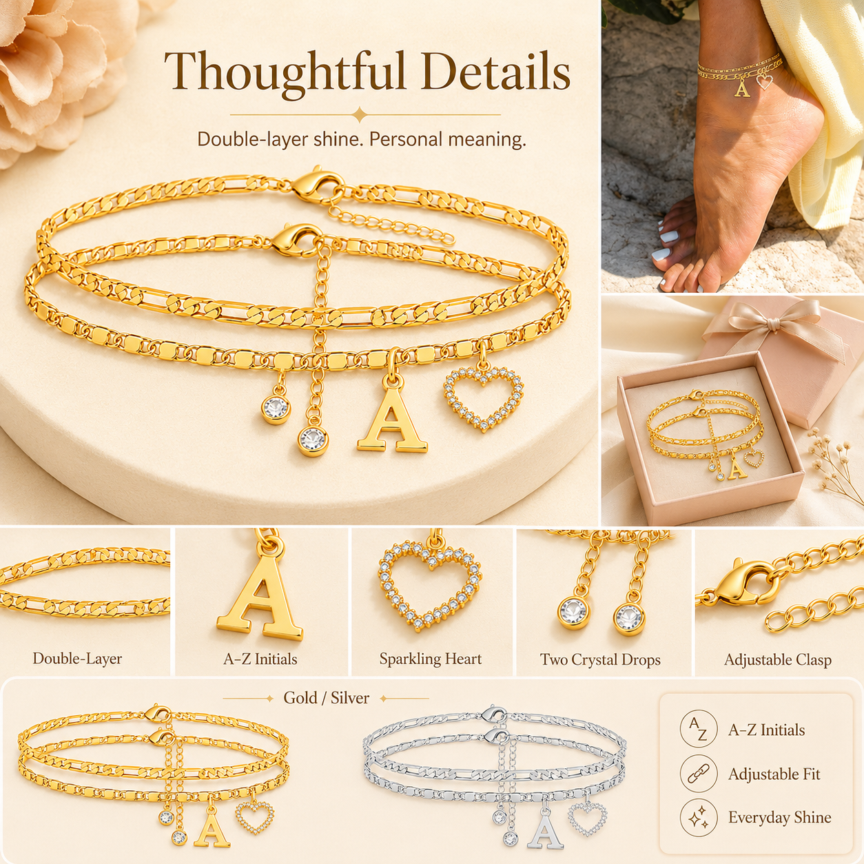 🎁 14k-Gold Plated-Double-Layer 26-Letter-Tone Chain Heart-Shaped Anklet with a heart-shaped pendant