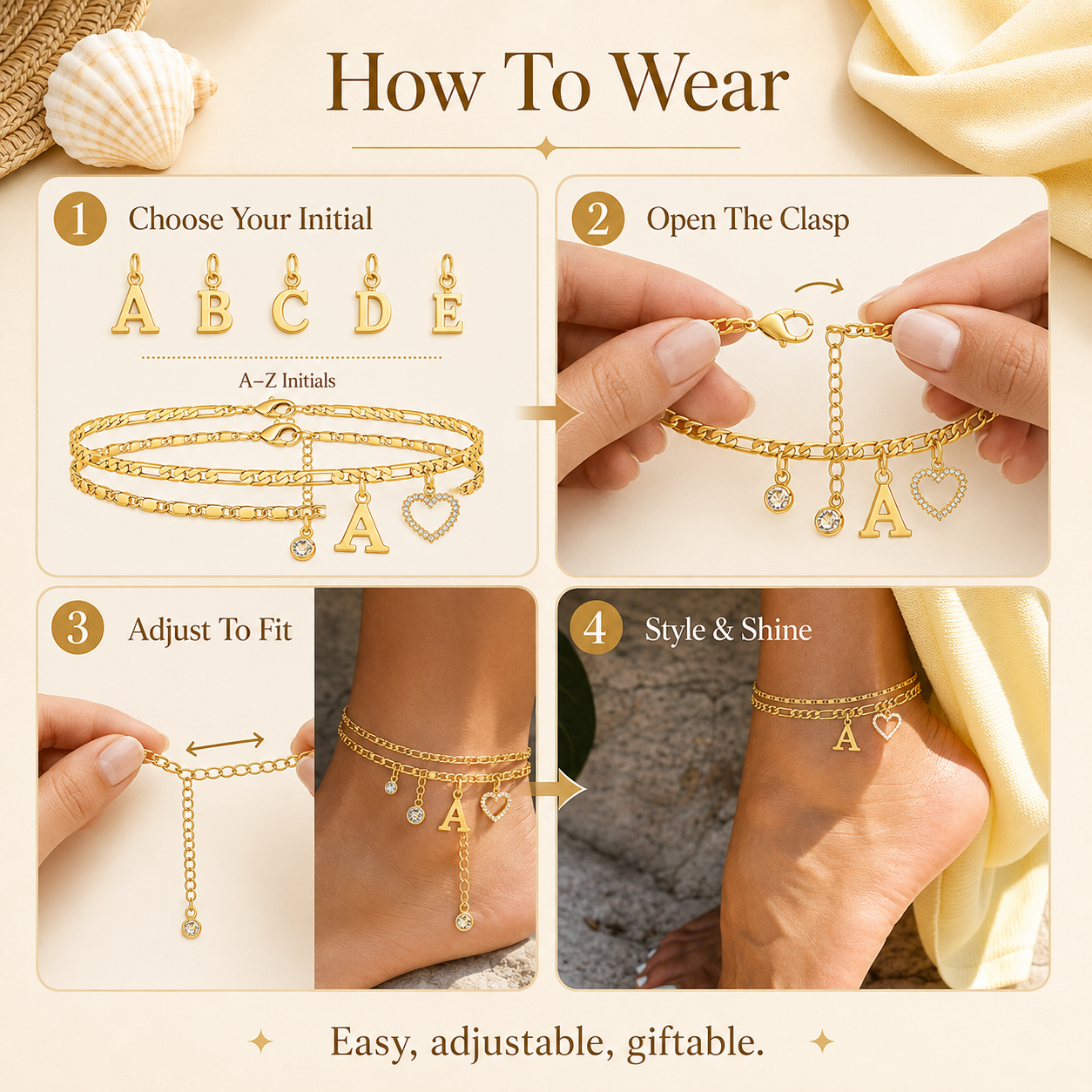 🎁 14k-Gold Plated-Double-Layer 26-Letter-Tone Chain Heart-Shaped Anklet with a heart-shaped pendant