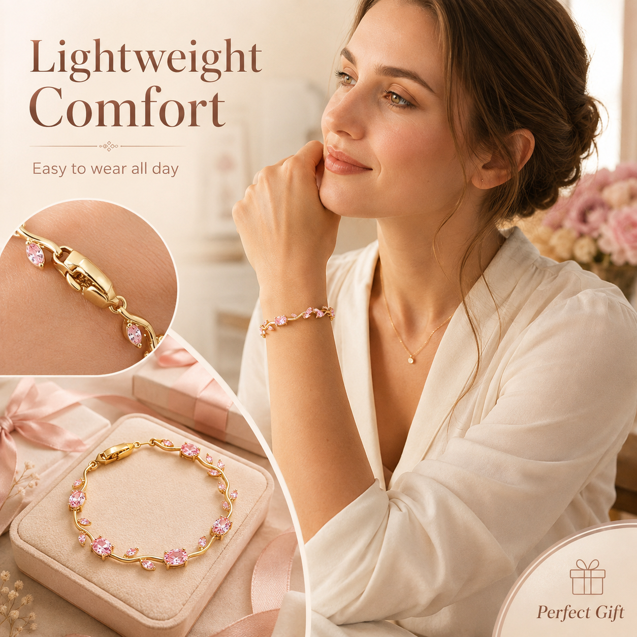🌷 Bestseller Pink Tulip Bracelet for Women – Gold-Plated Stainless Steel ✨