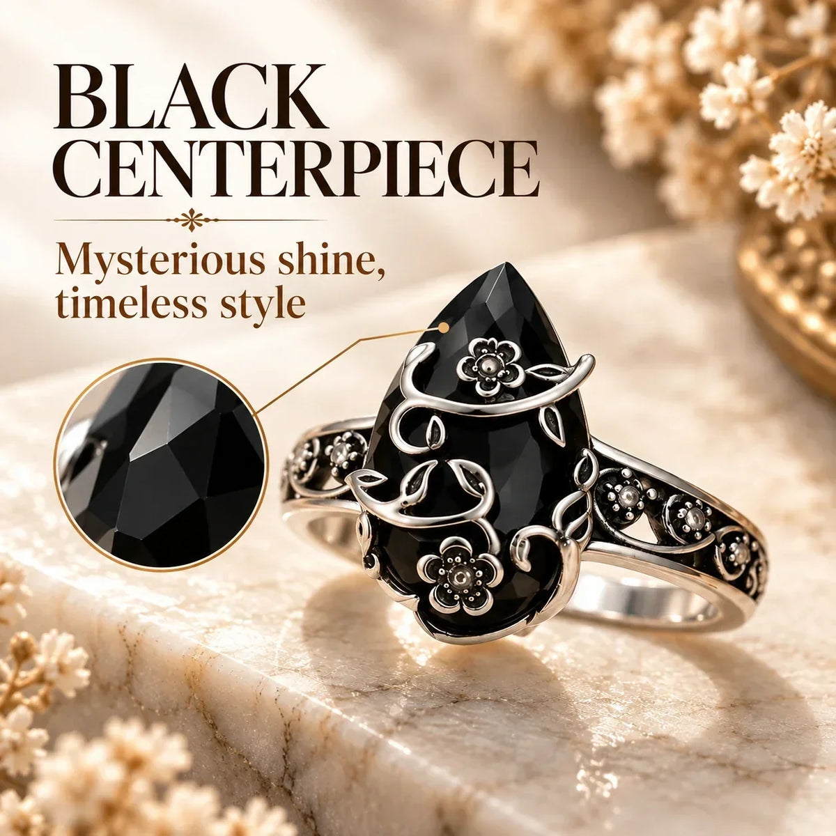 Vintage Floral Black Stone Ring – Statement Jewelry