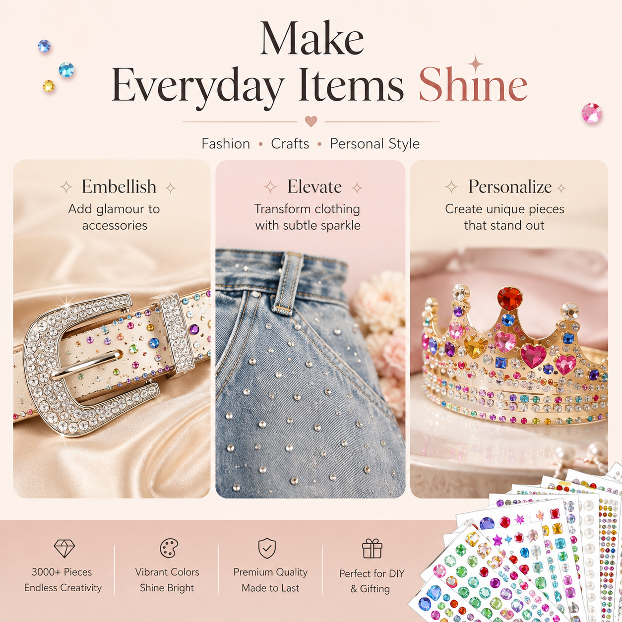 ✨ 3500Pcs Self-Adhesive Rhinestone Sticker Kit – 12 Sheets 3D Gem & Pearl Craft Stickers 💎