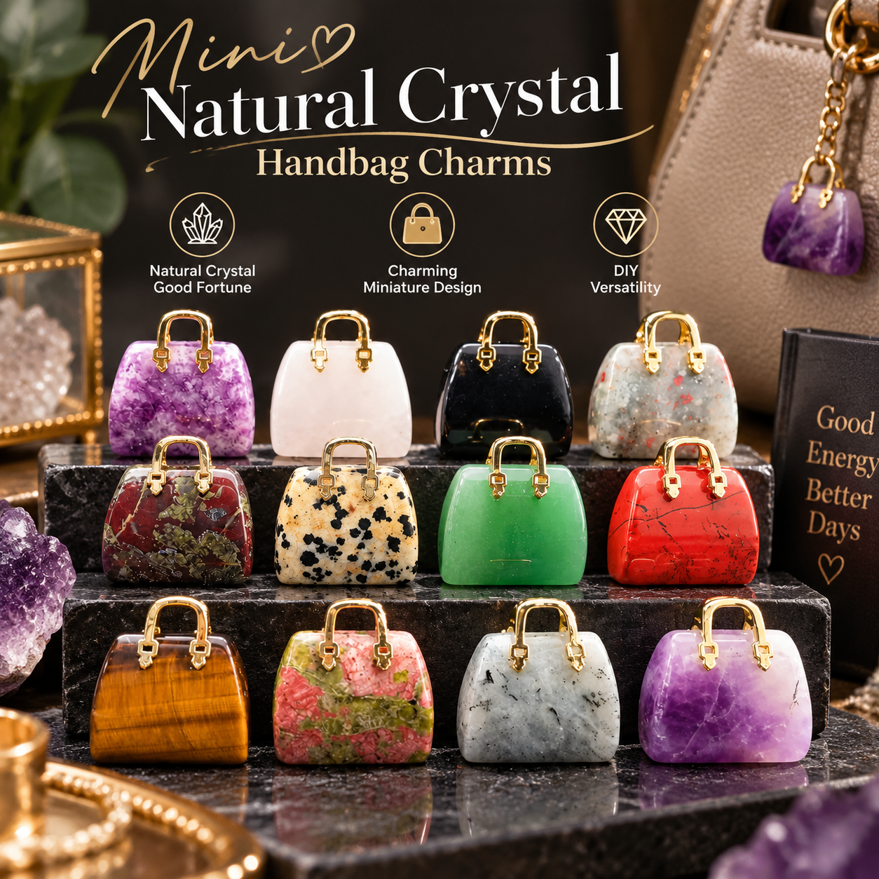 🔮 Mini Natural Crystal Handbag Charms – Lucky Aura Energy DIY Jewelry Pendants ✨