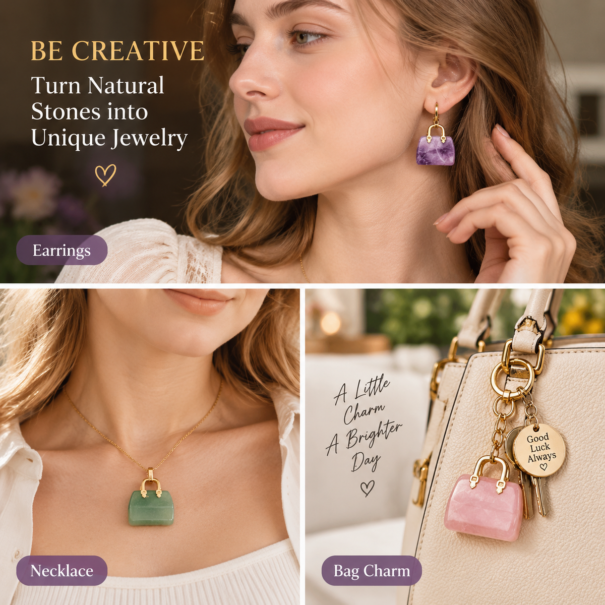 🔮 Mini Natural Crystal Handbag Charms – Lucky Aura Energy DIY Jewelry Pendants ✨