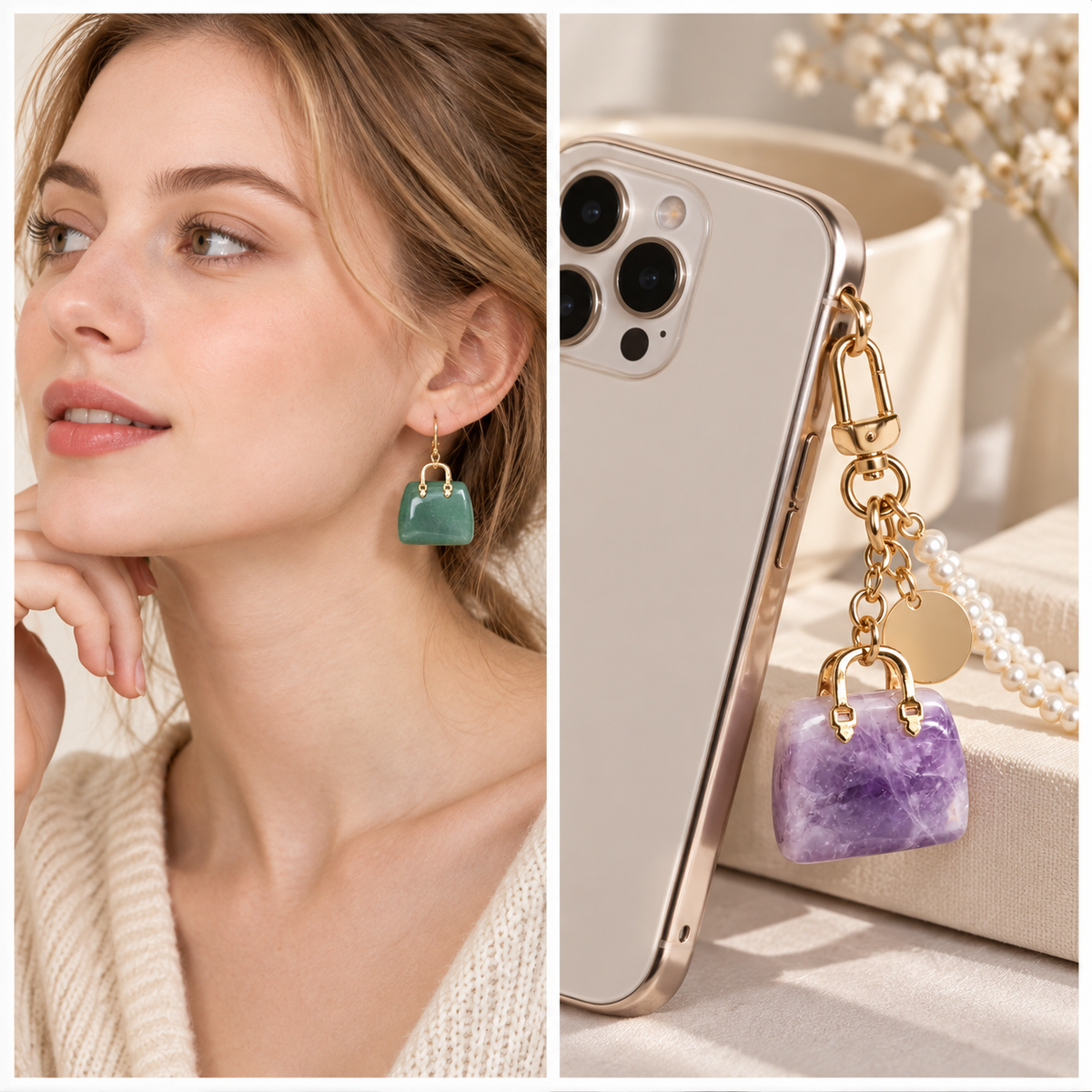 🔮 Mini Natural Crystal Handbag Charms – Lucky Aura Energy DIY Jewelry Pendants ✨
