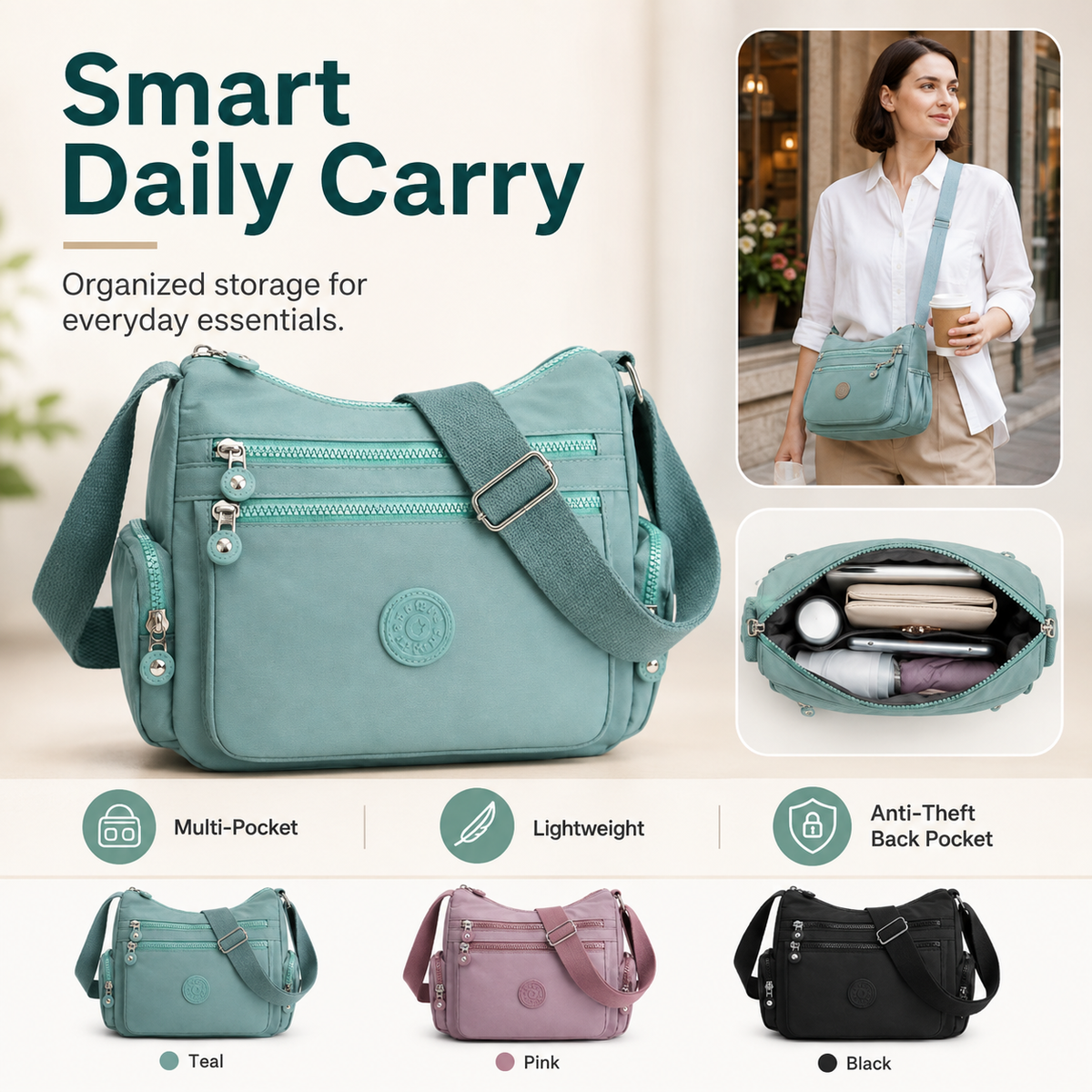 🎒 Multi-Pocket Campus Nylon Crossbody Bag