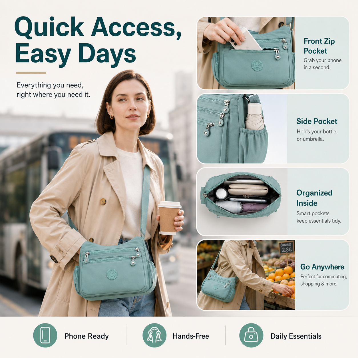 🎒 Multi-Pocket Campus Nylon Crossbody Bag
