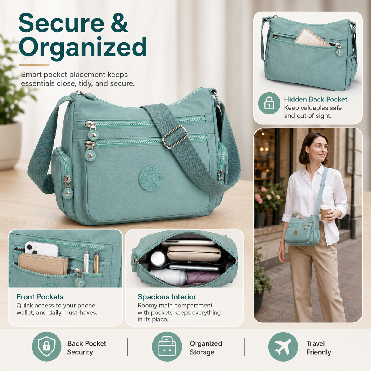 🎒 Multi-Pocket Campus Nylon Crossbody Bag
