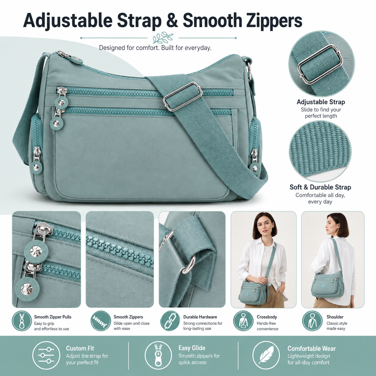 🎒 Multi-Pocket Campus Nylon Crossbody Bag