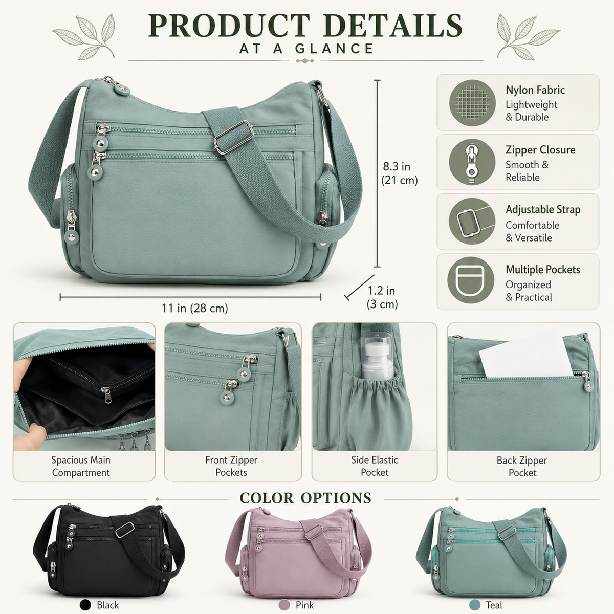 🎒 Multi-Pocket Campus Nylon Crossbody Bag