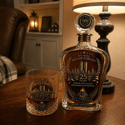 🕯️ 9/11 25th Anniversary Memorial Whiskey Decanter & Glass Gift Set – We Will Never Forget 343 Heroes Tribute