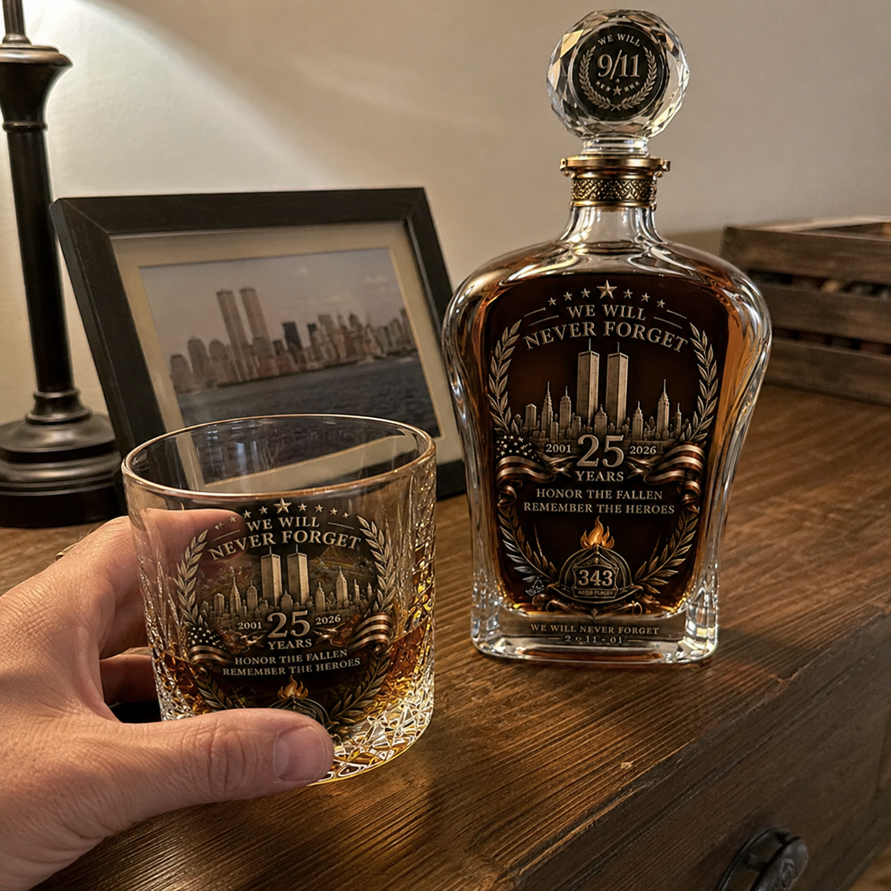 🕯️ 9/11 25th Anniversary Memorial Whiskey Decanter & Glass Gift Set – We Will Never Forget 343 Heroes Tribute