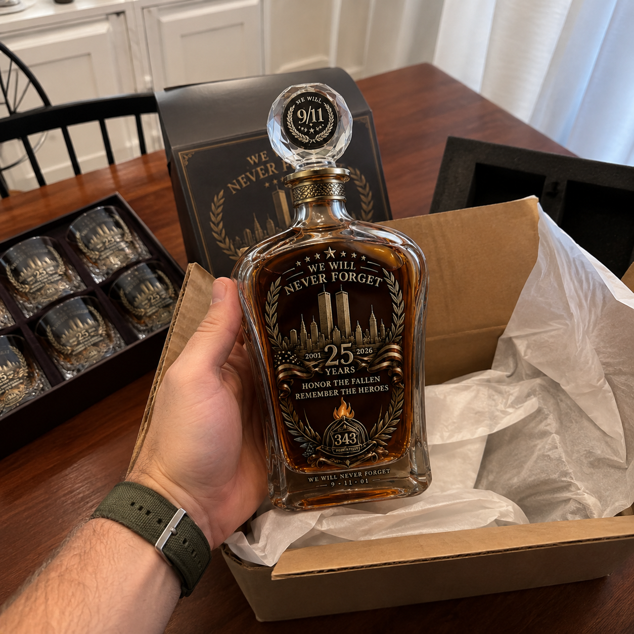 🕯️ 9/11 25th Anniversary Memorial Whiskey Decanter & Glass Gift Set – We Will Never Forget 343 Heroes Tribute