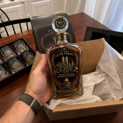 🕯️ 9/11 25th Anniversary Memorial Whiskey Decanter & Glass Gift Set – We Will Never Forget 343 Heroes Tribute