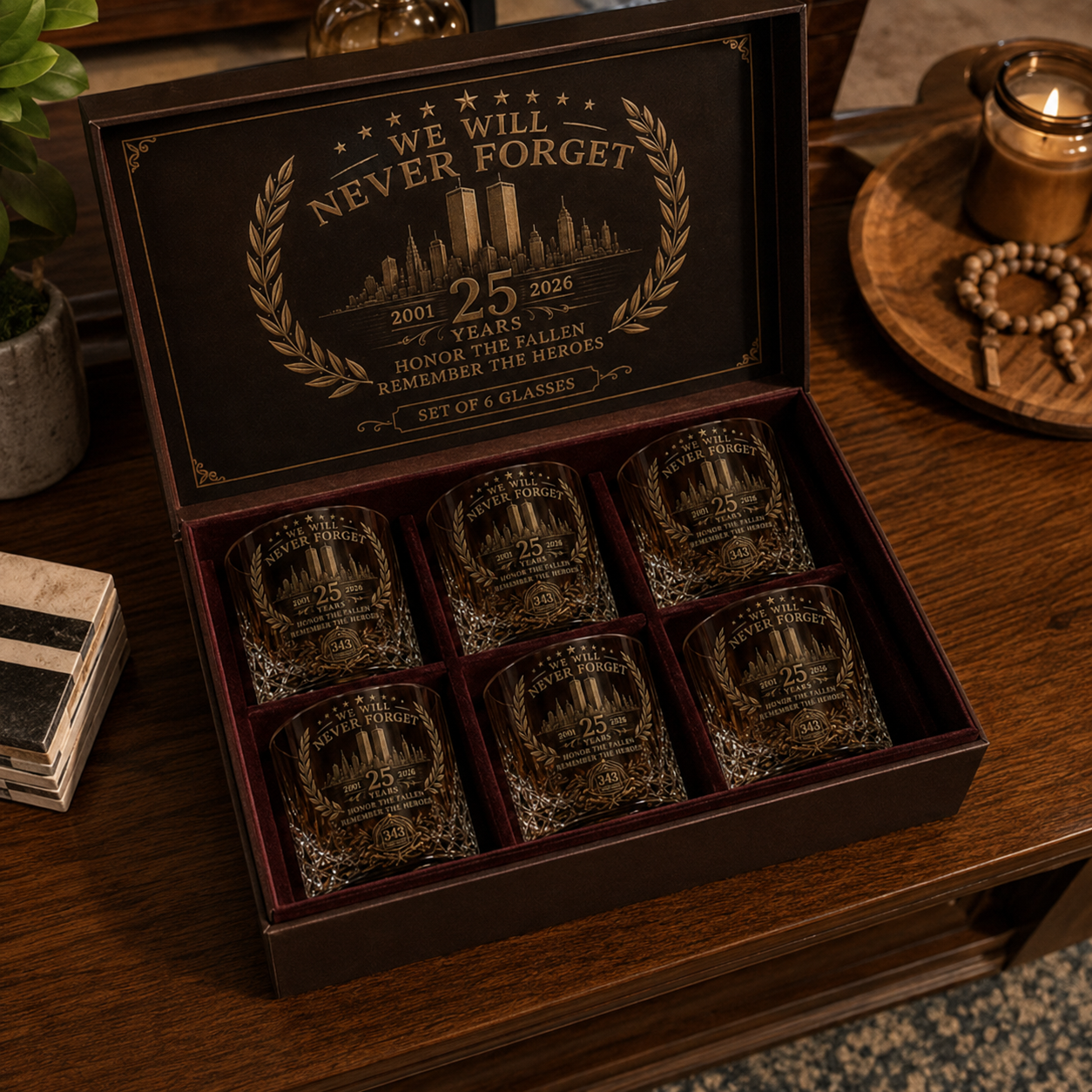 🕯️ 9/11 25th Anniversary Memorial Whiskey Decanter & Glass Gift Set – We Will Never Forget 343 Heroes Tribute