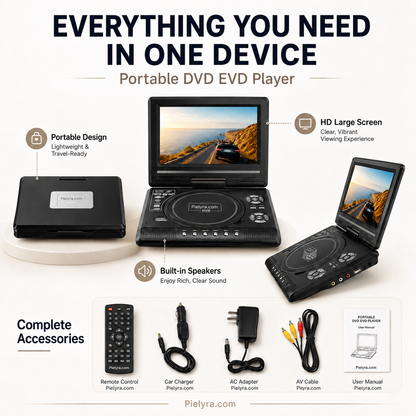 🚚 FREE Shipping! 7.8" HD Portable DVD Player – 4+ Hour Rechargeable Battery, Multi-Format Playback & Complete Travel Kit