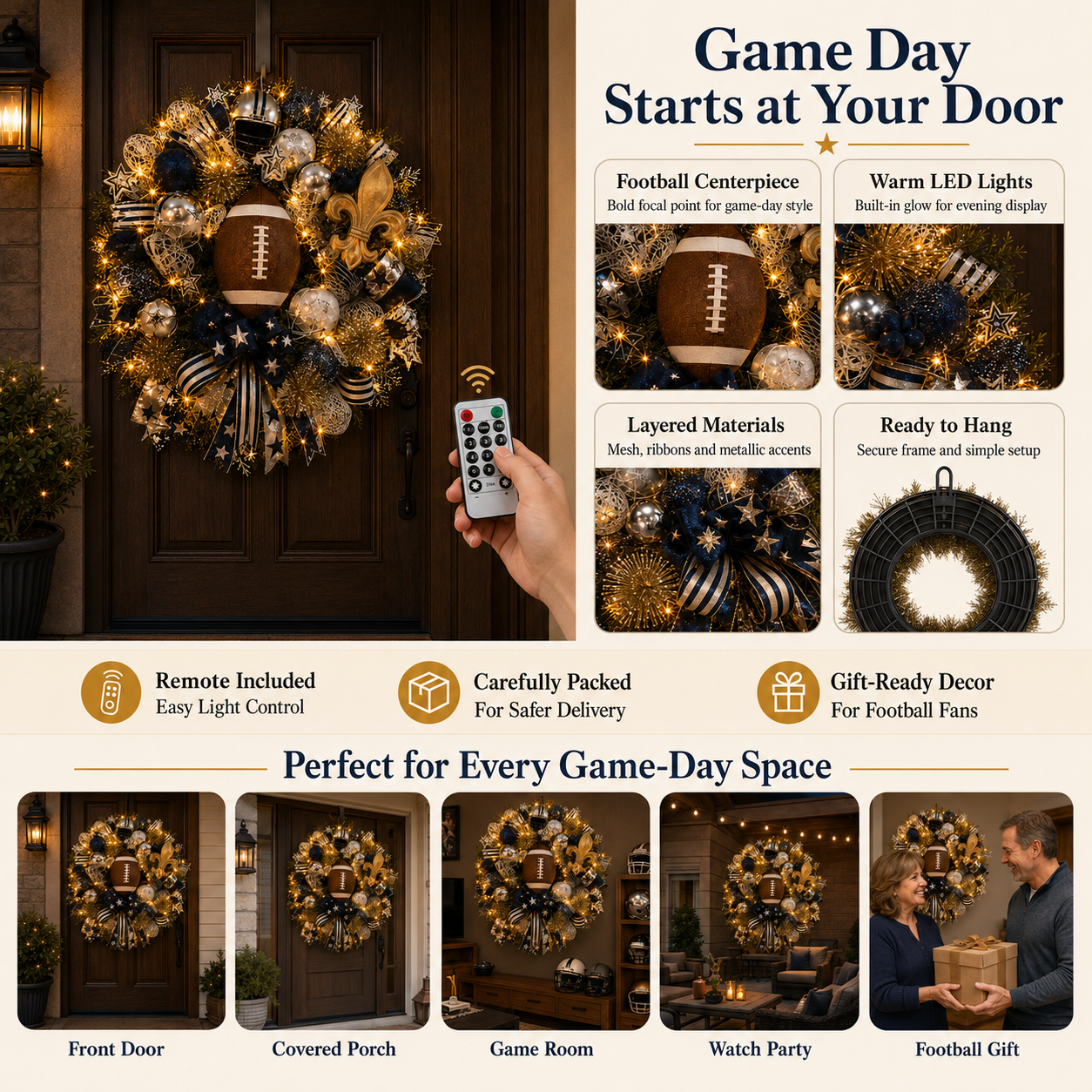 🏈Football Team Handcrafted Wreath for Game-Day Front Door Decor