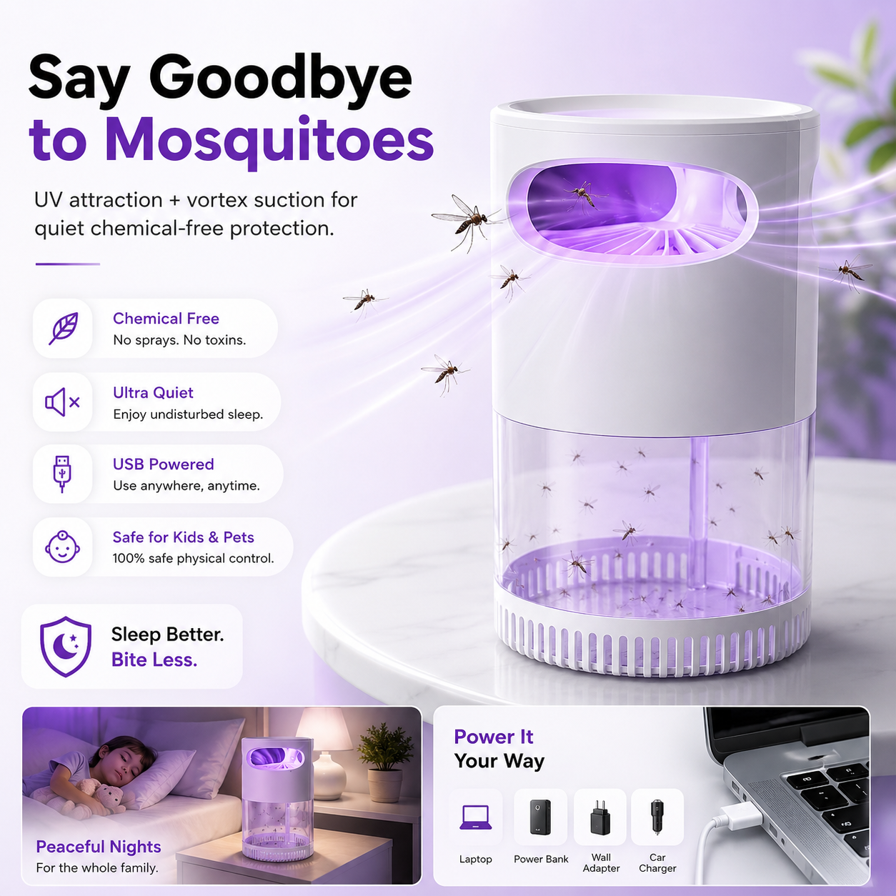 🔥 Quiet UV Mosquito Trap – Chemical-Free & Safe for Kids & Pets🦟
