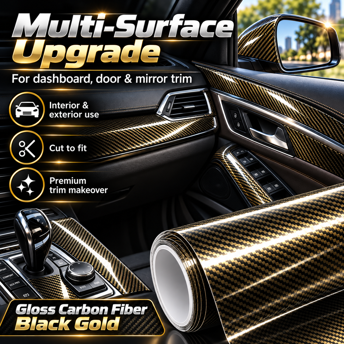 ✨ 6D Gloss Carbon Fiber Vinyl Wrap – Self-Adhesive Waterproof Car Interior & Exterior Trim Film