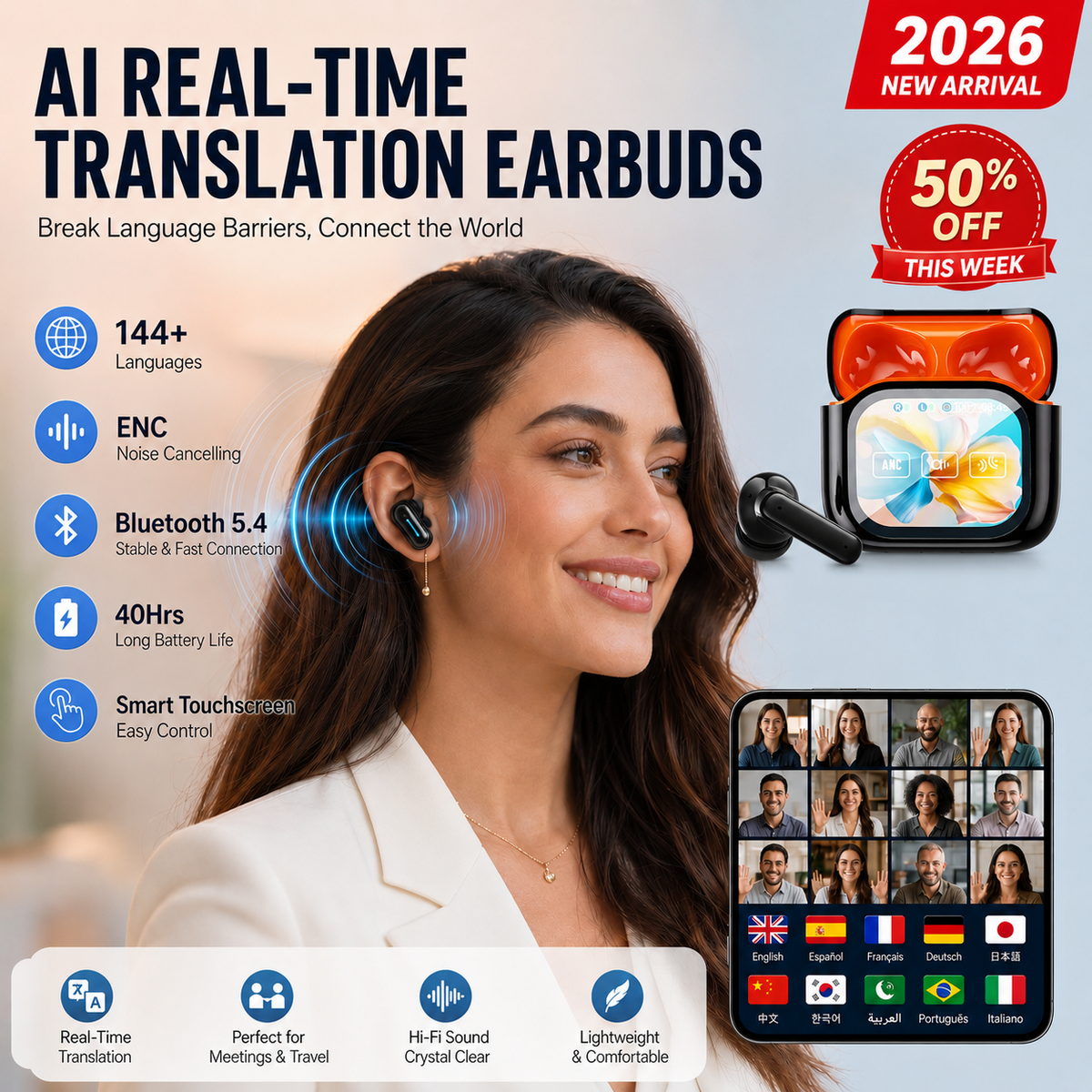 2026 New Bluetooth Wireless Noise-Canceling Translation Earbuds