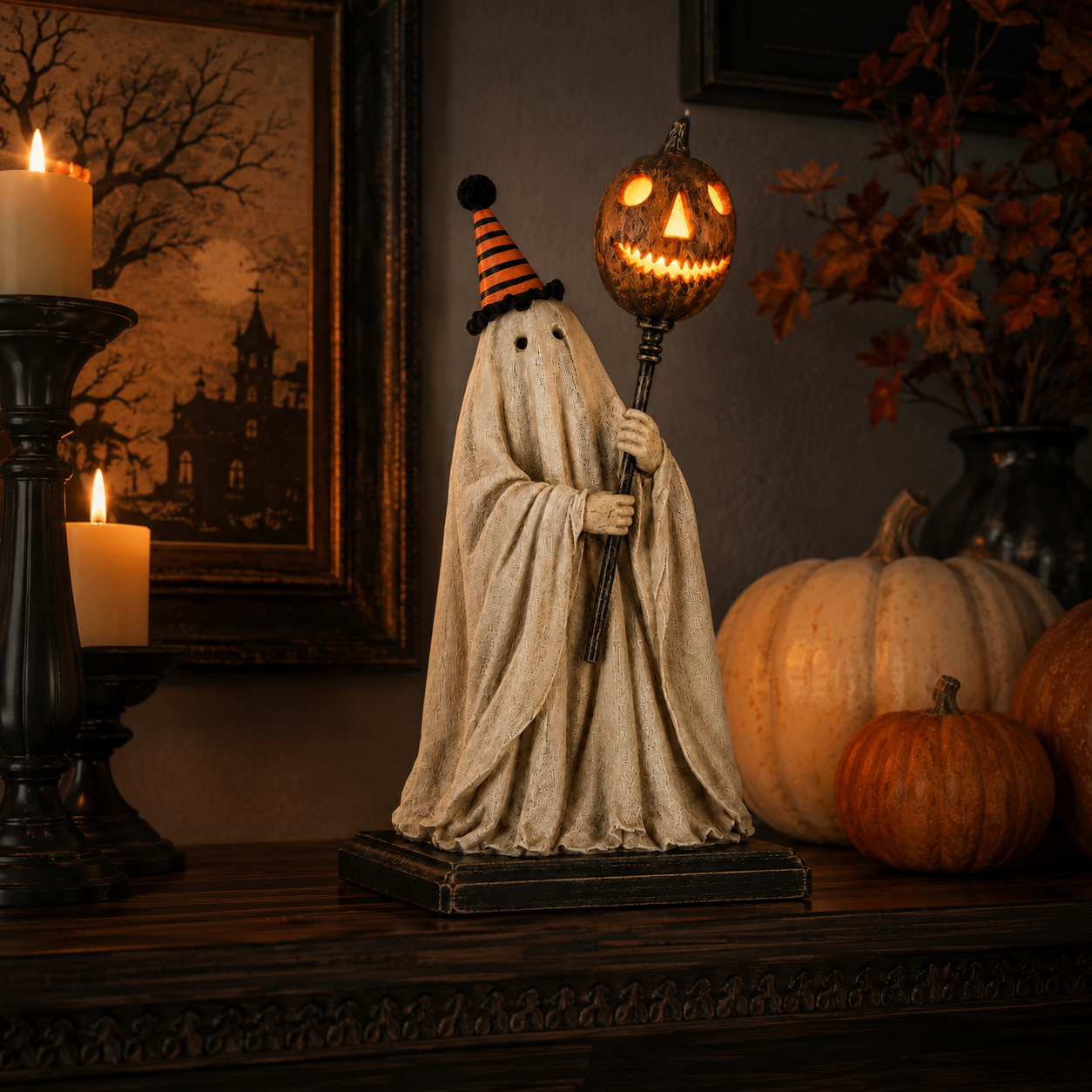 Summerween Sale 50% OFF - Lighted Vintage Ghost Figurine with Glowing Pumpkin Staff
