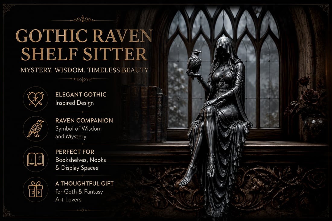 🖤 Gothic Raven Shelf Sitter Statue – A Symbol of Mystery, Wisdom & Dark Elegance