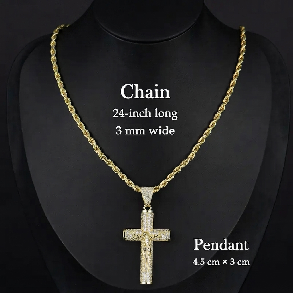 ✨ Gold-Plated Cuban Figaro Cross Necklace – 24" Miami Crucifix, Handcrafted Polished, Perfect Father's Day Gift