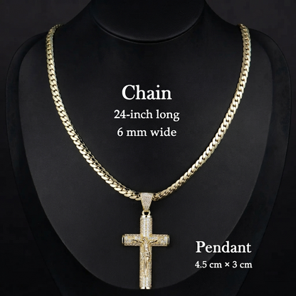 ✨ Gold-Plated Cuban Figaro Cross Necklace – 24" Miami Crucifix, Handcrafted Polished, Perfect Father's Day Gift