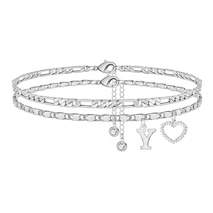 🎁 14k-Gold Plated-Double-Layer 26-Letter-Tone Chain Heart-Shaped Anklet with a heart-shaped pendant