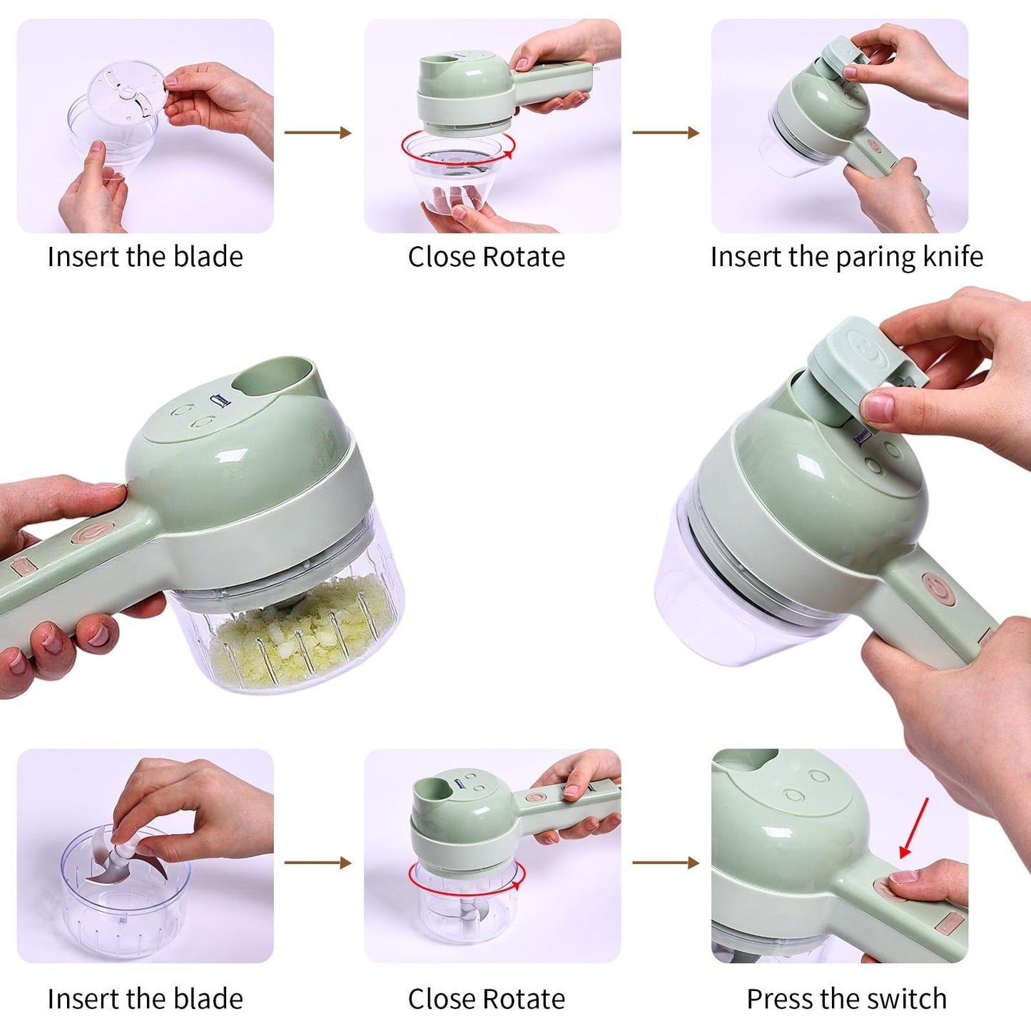 4 in 1 Electric Vegetable chopper hand held, Ninja Food Chopper, Mini Fruit Slicer,Garlic Chopper,Egg whisk and Meat Mincer,Handheld Veggie Cutter for Salad