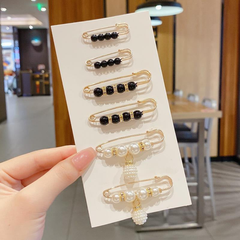 🔥6-Piece Pearl Brooch Pin Set - Decorative Mixed-Style Fasteners for Cardigans & Dresses