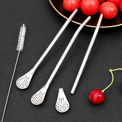 2-in-1 Stainless Steel Straw & Spoon, Reusable Drinking Straw with Stirring Spoon & Filter
