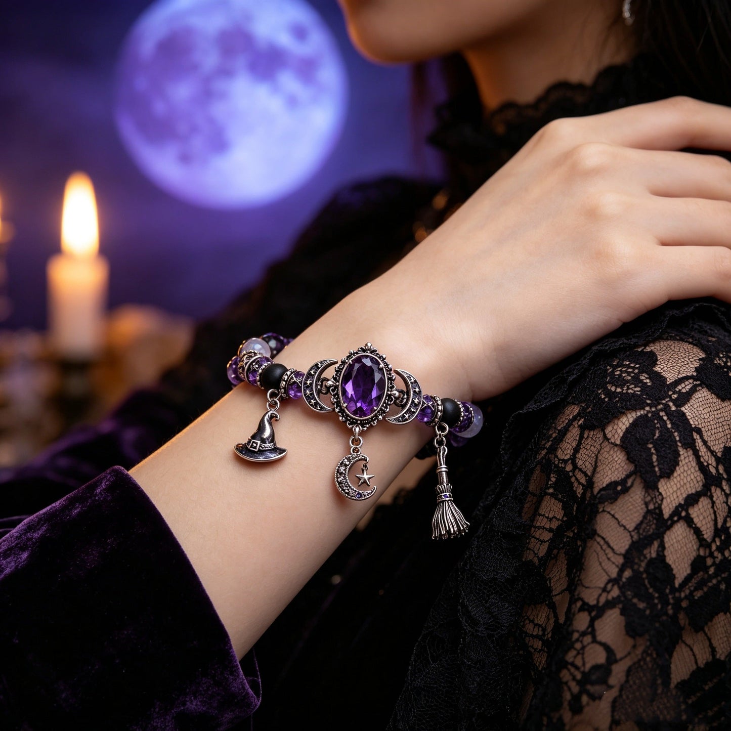 🔮 Witch’s Crystal Moon Charm Bracelet