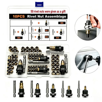 🔩50-Piece Rivet Nut Installation Kit – Threaded Insert Tool Set for Metal Repair