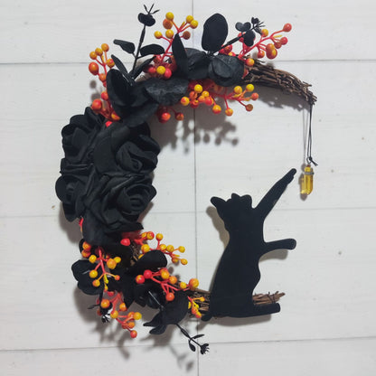 🌙🐈‍⬛ Light Up Your Door With a Magical Halloween Moon Cat Wreath