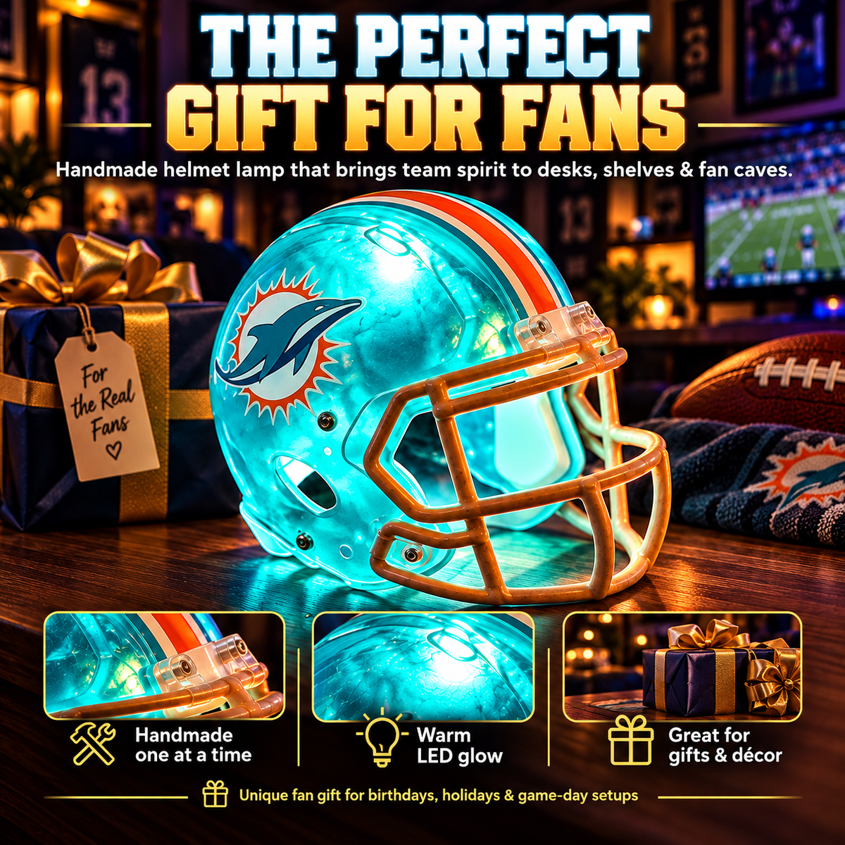🏈 Handmade Football Helmet Lamp – LED Team Fan Cave Light with 32 Team Styles