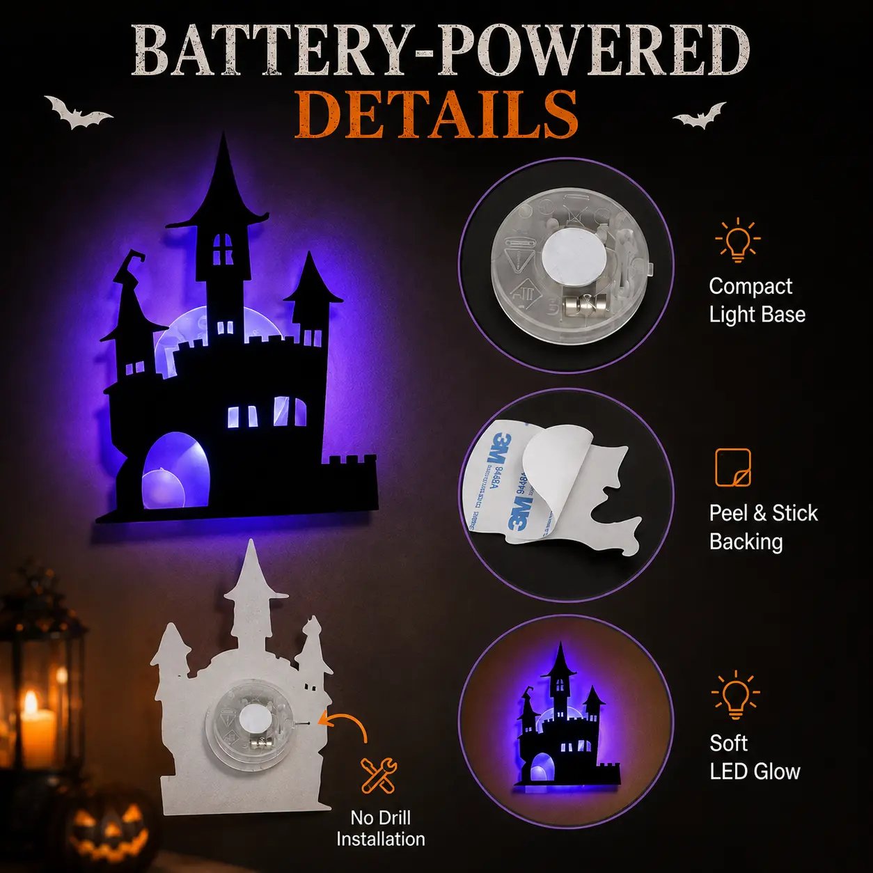 🔥Last Day 50% OFF - 🎃8 Pack Halloween LED Silhouette Wall Light Stickers, Battery Powered Peel & Stick Decor Lights