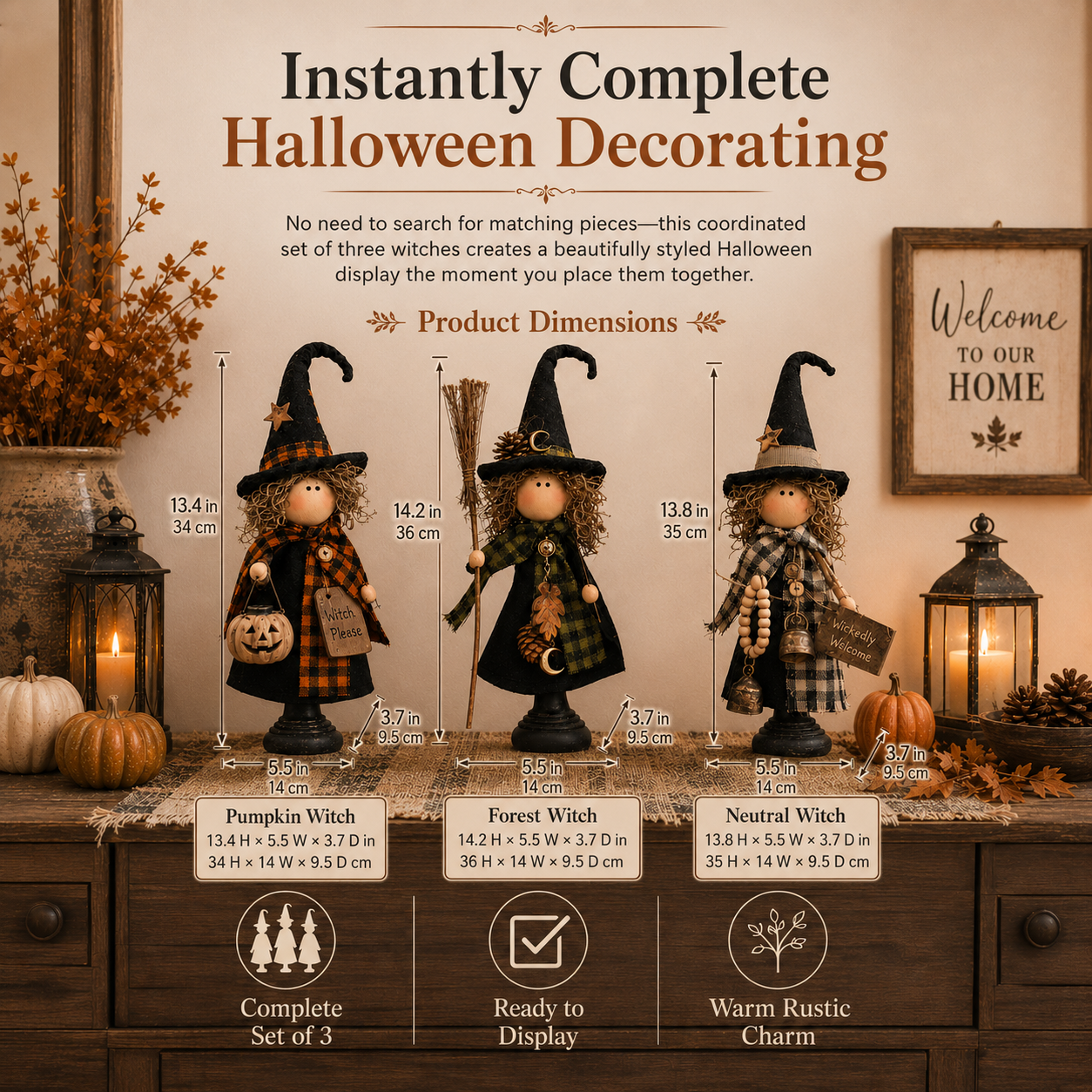 Rustic Halloween Witch Figurines, Set of 3 – Vintage Farmhouse Tabletop Decor